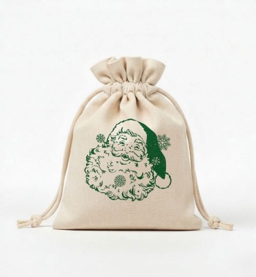 natural cotton drawstring bag with green color santa design screen printing - cotton tote factory