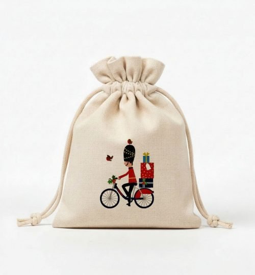 natural cotton drawstring bag with happy xmas design screen printing - cotton tote factory