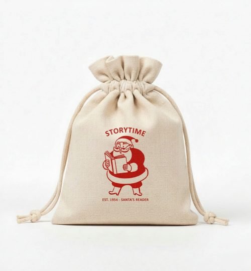 natural cotton drawstring bag with red santa reading book design screen printing - cotton tote factory