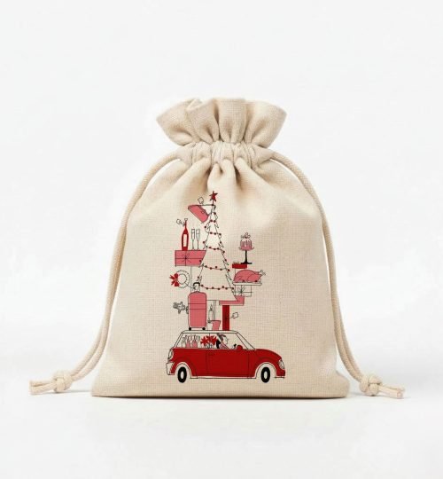 natural cotton drawstring bag with xmas design screen printing - cotton tote factory