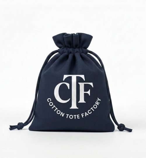 navy blue drawstring bag with black CTF logo print - Cotton Tote Factory