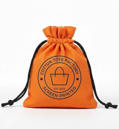 orange drawstring bag with logo print - Cotton Tote Factory