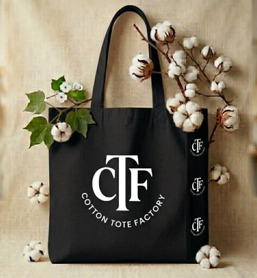 pure organic cotton tote bag with 3 side gusset black with logo - cotton tote factory