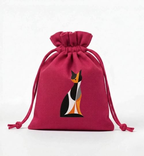 red cotton drawstring bag with cat screen printing - cotton tote factory