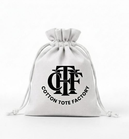 white drawstring bag with black CTF logo print - Cotton Tote Factory