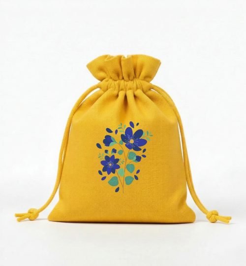 yellow cotton drawstring bag with flower screen printing - cotton tote factory